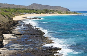Honolulu Hawaii Oahu Halona Bay wtth rocks and blue water ocean Honolulu Hawaii Oahu Halona Bay wtth rocks and blue water ocean