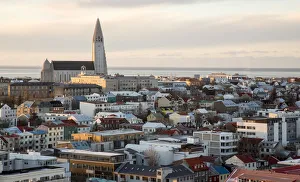 Iceland, Reykjavik. Winter cityscape at sunset Iceland, Reykjavik. Winter cityscape at sunset