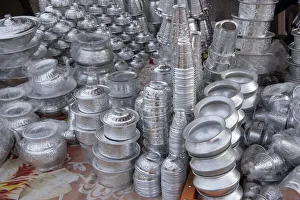 India, Delhi, Old Delhi. Aluminum vendor, detail of goods for sale India, Delhi, Old Delhi. Aluminum vendor, detail of goods for sale