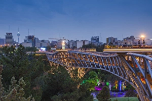 Iran, Tehran, city skyline from the Pole e Tabiat Nature Bridge, designed by Canadian-Iranian Iran, Tehran, city skyline from the Pole e Tabiat Nature Bridge, designed by Canadian-Iranian