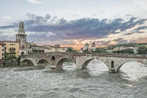 Italy, Verona. Ponte Pietra (Roman Bridge) at Sunset Italy, Verona. Ponte Pietra (Roman Bridge) at Sunset