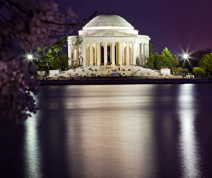 Jefferson Memorial Cherry Blossoms Statue and Tidal Basin in April with Reflection Jefferson Memorial Cherry Blossoms Statue and Tidal Basin in April with Reflection