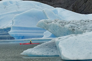 Kayaker exploring Grey Lake amid icebergs, Torres del Paine National Park, Chile Kayaker exploring Grey Lake amid icebergs, Torres del Paine National Park, Chile