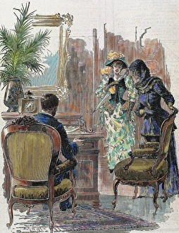 Lady and gentleman. Engraving by Bonamore. Coloured. 1891 Lady and gentleman. Engraving by Bonamore. Coloured. 1891