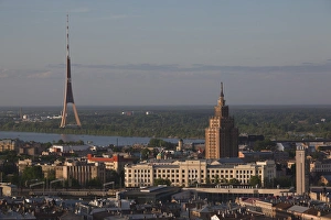 Latvia, Riga, elevated view of Old Riga, Academy of Sciences building, and TV Tower Latvia, Riga, elevated view of Old Riga, Academy of Sciences building, and TV Tower