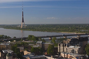 Latvia, Riga, Vecriga, Old Riga, elevated view of Daugava River and TV Tower Latvia, Riga, Vecriga, Old Riga, elevated view of Daugava River and TV Tower