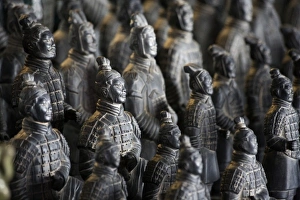 Life-size Imperial terra cotta warriors in battle formation stretch over the length Life-size Imperial terra cotta warriors in battle formation stretch over the length