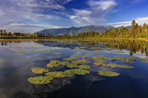 Lilly pads and Swan Range reflects into McWennger Slough near Kalispell, Montana, USA Lilly pads and Swan Range reflects into McWennger Slough near Kalispell, Montana, USA