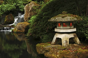 Lit Pagoda and Waterfall, Portland Japanese Garden, Portland, Oregon, USA Lit Pagoda and Waterfall, Portland Japanese Garden, Portland, Oregon, USA