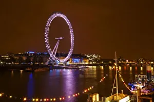 London Eye, River Thames and lights from restaurant ship RS Hispaniola, London, England London Eye, River Thames and lights from restaurant ship RS Hispaniola, London, England