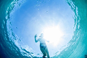 Looking up at a woman snorkeling in clear blue water near Staniel Cay, Exuma, Bahamas Looking up at a woman snorkeling in clear blue water near Staniel Cay, Exuma, Bahamas