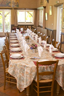 Lunch table set for many guests ready to be served duck specialities. Ferme de Biorne duck Lunch table set for many guests ready to be served duck specialities. Ferme de Biorne duck