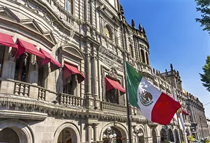 Mexican Flag Major Shopping Street Government Buildings Hotel Zocalo, Puebla, Mexico Mexican Flag Major Shopping Street Government Buildings Hotel Zocalo, Puebla, Mexico