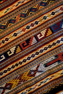 Mexico, Oaxaca, Detail of hand-woven rug using Zapotec Indian design displayed at Mexico, Oaxaca, Detail of hand-woven rug using Zapotec Indian design displayed at
