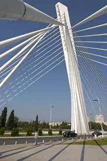 European Architecture Design Prints: The Millennium Bridge spans Moraca River with cables that form a graphic pattern