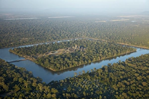 Moat around Angkor Wat, UNESCO World Heritage Site, Siem Reap, Cambodia - aerial Moat around Angkor Wat, UNESCO World Heritage Site, Siem Reap, Cambodia - aerial