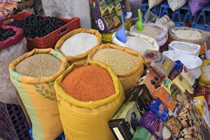 Morocco, Casablanca. Bags of lentils, rice and other dry goods at a shop in the medina Morocco, Casablanca. Bags of lentils, rice and other dry goods at a shop in the medina