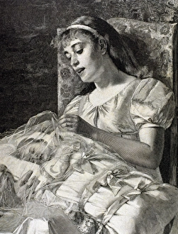 Mother with baby. Engraving made by Knesing in 1887 Mother with baby. Engraving made by Knesing in 1887
