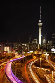 Motorways, Lightpath cycleway, and Skytower at night, Auckland, North Island, New Zealand Motorways, Lightpath cycleway, and Skytower at night, Auckland, North Island, New Zealand