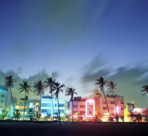 Prints of N.A. USA, Florida, Miami, South Beach. Art Deco architecture and palm trees along the strip (Medium Format) Embrace The Elegance: Art Deco Poster Art Collection: Miami South Beach Art Deco Print (Medium Format)