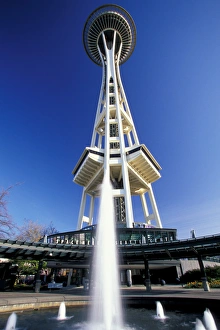 NA, USA, Seattle, Seattle Center, Wide-angle view of the Space Needle NA, USA, Seattle, Seattle Center, Wide-angle view of the Space Needle