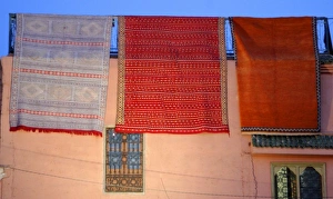 North Africa, Africa, Morocco, Marrakesh. Traditional Moroccan carpets displayed North Africa, Africa, Morocco, Marrakesh. Traditional Moroccan carpets displayed