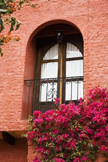 North America, Central Mexico, Guanajuato state, San Miguel de Allende. Window with North America, Central Mexico, Guanajuato state, San Miguel de Allende. Window with