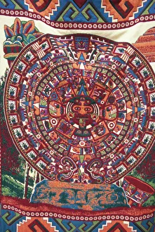 North America, Mexico, Teotihuacan, souvenir blanket with colorful Aztec calendar design North America, Mexico, Teotihuacan, souvenir blanket with colorful Aztec calendar design