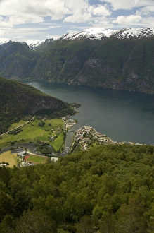 Norway, Aurland near Flam. Stegastein Overlook, view of Aurland Fjord an arm of Sogne Fjord Norway, Aurland near Flam. Stegastein Overlook, view of Aurland Fjord an arm of Sogne Fjord