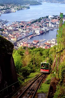 Norway, View of Bergens hills and harbor from Mount Floyen Funicular station Norway, View of Bergens hills and harbor from Mount Floyen Funicular station