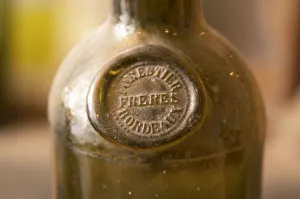 An old antique dusty wine bottle with a moulded seal on the shoulder of the bottle An old antique dusty wine bottle with a moulded seal on the shoulder of the bottle