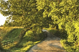 Painting effect on rural road and fence at sunrise, Oldham County, Kentucky Painting effect on rural road and fence at sunrise, Oldham County, Kentucky