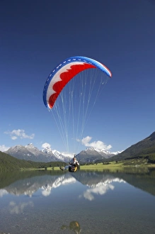 Paraglider, Diamond Lake, Paradise, near Glenorchy, Queenstown Region, South Island Paraglider, Diamond Lake, Paradise, near Glenorchy, Queenstown Region, South Island