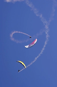 Paragliders doing Aerobatics, Diamond Lake, Paradise, near Glenorchy, Queenstown Region Paragliders doing Aerobatics, Diamond Lake, Paradise, near Glenorchy, Queenstown Region
