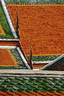 Ceramic Tile Pattern Prints: Pattern in ceramic tiles on overlapping rooftops, Wat Pho, Bangkok, Thailand