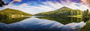 Peaks Of Otter lake reflections panorama, Blue Ridge Parkway, USA Peaks Of Otter lake reflections panorama, Blue Ridge Parkway, USA