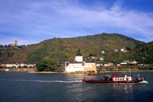 Pfalz Castle and Boats on Rhine River in Gutenfels Kaub Germany Pfalz Castle and Boats on Rhine River in Gutenfels Kaub Germany