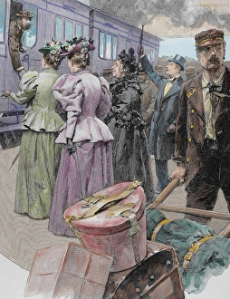 Platform at a railway station. Late 19th century. Drawing by Marchetti. Colored Platform at a railway station. Late 19th century. Drawing by Marchetti. Colored