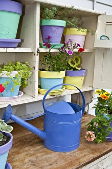 Potting bench with containers and flowers in spring, Marion Co. IL Potting bench with containers and flowers in spring, Marion Co. IL