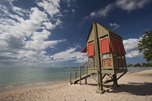Puerto Rico, West Coast, Boqueron, Balneario Boqueron beach, lifeguard hut Puerto Rico, West Coast, Boqueron, Balneario Boqueron beach, lifeguard hut