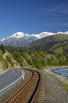 Road, railway, and Seaward Kaikoura Ranges, Mangamaunu, near Kaikoura, Marlborough Road, railway, and Seaward Kaikoura Ranges, Mangamaunu, near Kaikoura, Marlborough