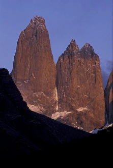 SA, Chile, Torres del Paine National Park. Morning light on Torre Sur and Torre Central SA, Chile, Torres del Paine National Park. Morning light on Torre Sur and Torre Central