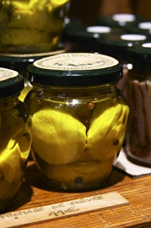 In the shop: Glass jars with goat cheese chevre in olive oil In the shop: Glass jars with goat cheese chevre in olive oil