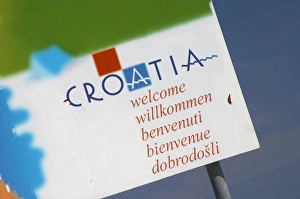 A detail of a sign saying Croatia Welcome Orebic town, holiday resort on the south A detail of a sign saying Croatia Welcome Orebic town, holiday resort on the south