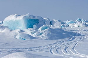 snow machine tracks through jumbled up ice in the frozen Chuckchi Sea during spring snow machine tracks through jumbled up ice in the frozen Chuckchi Sea during spring