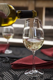 South America, Argentina, Mendoza. Pouring white wine into glass at Altus Vineyards South America, Argentina, Mendoza. Pouring white wine into glass at Altus Vineyards