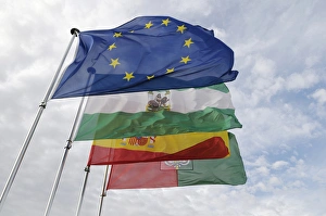 Spain, Andalusia, Granada. Flags on the Vela Tower, The Alhambra Spain, Andalusia, Granada. Flags on the Vela Tower, The Alhambra