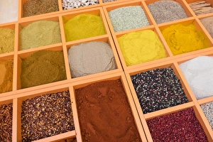 Spain, Andalusia. Granada. Spices, including tumeric, curry, pepper, salt, paprika Spain, Andalusia. Granada. Spices, including tumeric, curry, pepper, salt, paprika