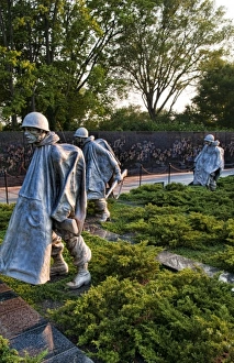 Statues in platoon at new Korean War Veterans Memorial with bronze statues on Mall in Statues in platoon at new Korean War Veterans Memorial with bronze statues on Mall in