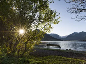 Sunrise at lake and village Schliersee in the Bavarian Alps during autumn, Bavaria Sunrise at lake and village Schliersee in the Bavarian Alps during autumn, Bavaria